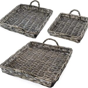 AuldHome Rustic Willow Basket Trays, Set of 3 (Square, Gray Washed); Natural Wicker Decorative Farmhouse Trays