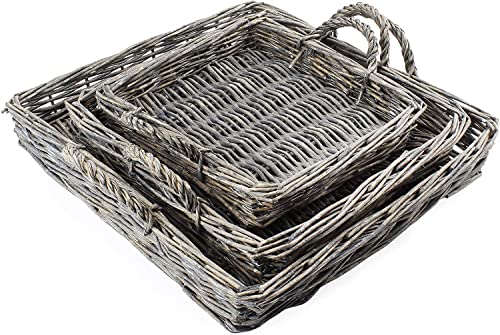 AuldHome Rustic Willow Basket Trays, Set of 3 (Square, Gray Washed); Natural Wicker Decorative Farmhouse Trays