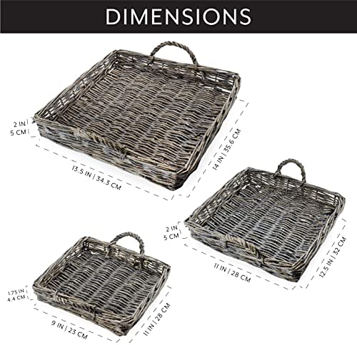 AuldHome Rustic Willow Basket Trays, Set of 3 (Square, Gray Washed); Natural Wicker Decorative Farmhouse Trays