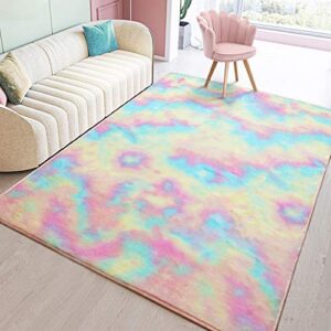 toneed soft rainbow rug for girls room – 4 x 5.9 feet fuzzy cute colorful area rugs for kid bedroom nursery home decor floor carpet