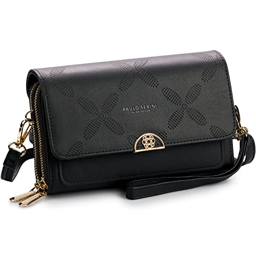 PAULO SERINI® Crossbody bag for women - Shoulder bag made of 100% vegan leather - Cell phone clutch purse with 2 compartments & zipper - Wristlet wallet with 2 adjustable straps - Onyx Black