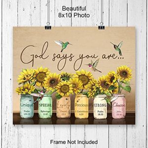 God Says You Are Wall Art - Christian Affirmations - Religious Encouragement Gifts for Women - Inspirational, Psalms, Bible Verses, Scripture Wall Decor - Catholic Gifts - Motivational Positive Quotes