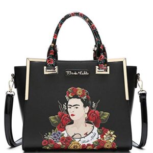 authentic frida kahlo flower theme hardware 2 way wing satchel handbag purse (black trim)