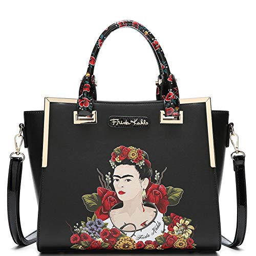 Authentic Frida Kahlo Flower Theme Hardware 2 Way Wing Satchel Handbag Purse (Black Trim)