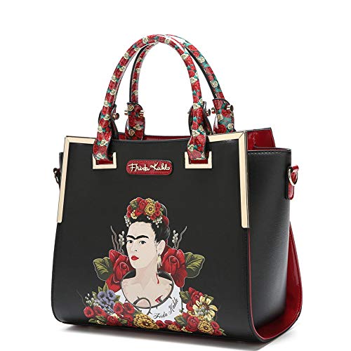 Authentic Frida Kahlo Flower Theme Hardware 2 Way Wing Satchel Handbag Purse (Black Trim)