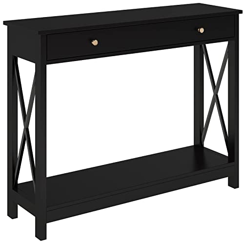 Treocho Oxford Design Console Table with Drawer and Storage Shelves, Foyer Sofa Table Narrow for Entryway, Living Room, Hallway, Black