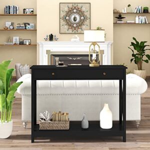 Treocho Oxford Design Console Table with Drawer and Storage Shelves, Foyer Sofa Table Narrow for Entryway, Living Room, Hallway, Black