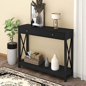 Treocho Oxford Design Console Table with Drawer and Storage Shelves, Foyer Sofa Table Narrow for Entryway, Living Room, Hallway, Black