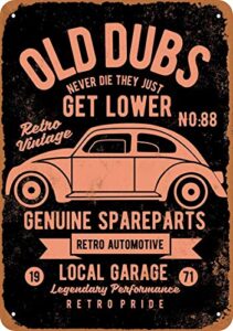 old dubs genuine spare parts vw (black background) vintage look metal sign for home coffee wall decor 8×12 inch