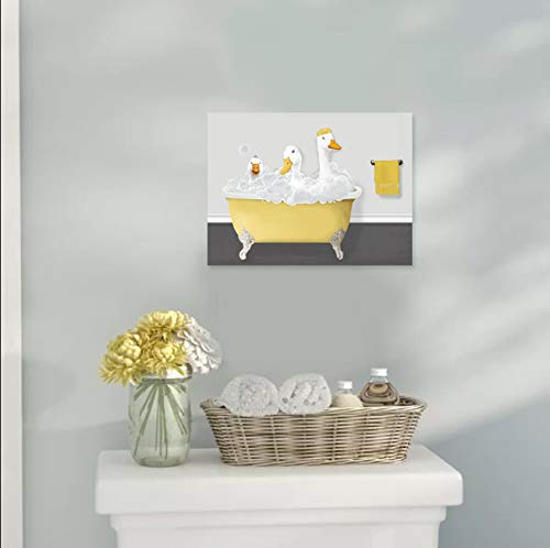 Genius Decor- Modern Funny Wall Art for Bathroom Yellow Gray Three Gooses in Bathtub Picture Print Canvas Decor (Ducks)