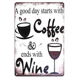 wisesign a good day starts with coffee and ends with wine tin sign, beer sign retro wall home bar pub vintage cafe decor, 8×12 inch