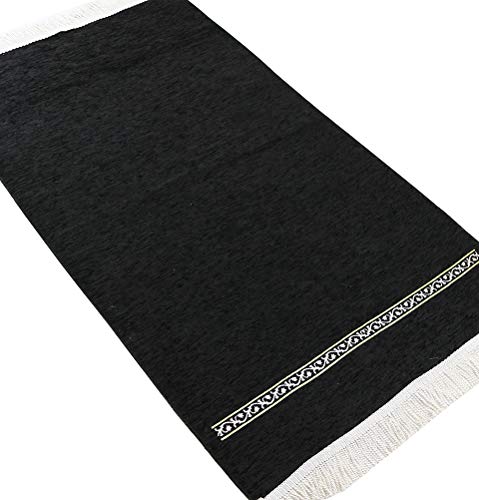 Modefa Turkish Islamic Prayer Rug - Chenille Praying Mat Sajada for Men and Women - Traditional Muslim Praying Carpet Janamaz - Ramadan or Eid Gift - Luxury Woven Meccan (Black Simple)