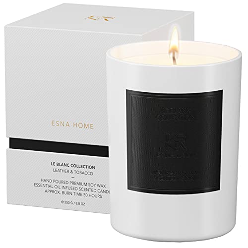 ESNA HOME Leblanc Leather & Tobac Premium Aromatherapy Scented Candles | Mom Will Love | All Natural Essential Oils Soy Candles | 8.8oz 50 Hours Long Burning | Premium Votive Candle Mother’s Day