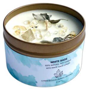 white sage smudge candle with citrine & quartz gemstone crystals 100% natural soy essential oils (sage)