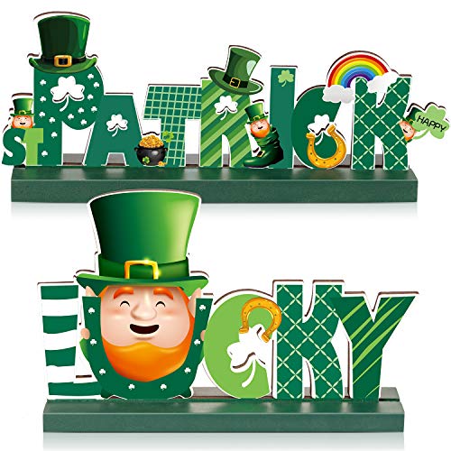 2 St. Patrick Table Decorations, Lucky Table Centerpiece Cute Leprechaun Shamrock Sign Wooden St. Patrick Happy for Dinner Party Coffee Irish Table Topper, 5.9 x 2.55 Inch