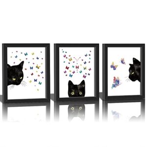 kairne framed black cat black cat with butterfly art print，set of 3 watercolor kitty poster，ready to hang kitten animal canvas wall art for living room,bedroom decor,8x10inch