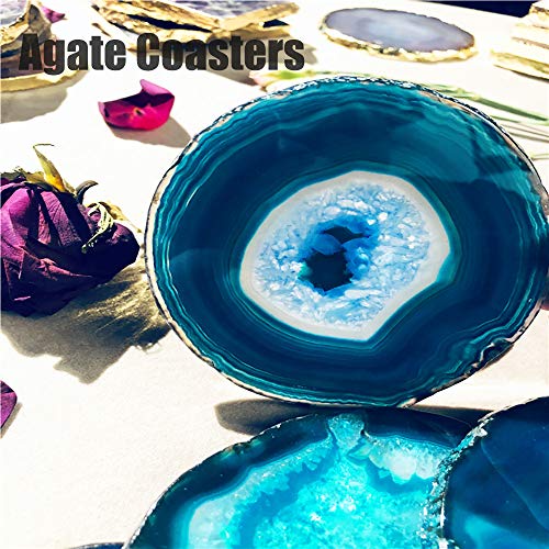 AMOYSTONE Teal Agate Coasters for Drinks Geode Coasters Set of 4 Crystal Quartz Rock Coasters Agate Slices with Rubber Bumpers 3-3.5"