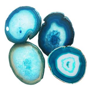 AMOYSTONE Teal Agate Coasters for Drinks Geode Coasters Set of 4 Crystal Quartz Rock Coasters Agate Slices with Rubber Bumpers 3-3.5"