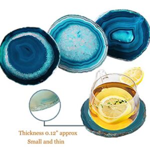 AMOYSTONE Teal Agate Coasters for Drinks Geode Coasters Set of 4 Crystal Quartz Rock Coasters Agate Slices with Rubber Bumpers 3-3.5"