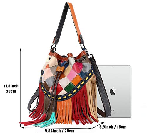 Segater Women Large Multicolor Bucket Bag Genuine Leather Shoulder Bag Colorful Splicing Tote Handbag Purse Christmas Satchels