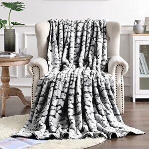 FY FIBER HOUSE Super Soft Rabbit Faux Fur Fleece Throw Blanket Thick Luxurious Faux Fur Plush Warm Fuzzy with Stone Pattern for Bed Sofa, 60"X80", Black