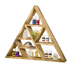 triangle crystals and healing stones display floating shelf, large 17″ rustic wood wall shelf or tabletop home decor for bedroom, bathroom, living room, office, meditation, altar, storage shelf