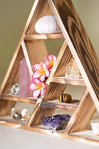 Triangle Crystals and Healing Stones Display Floating Shelf, Large 17" Rustic Wood Wall Shelf or Tabletop Home Decor for Bedroom, Bathroom, Living Room, Office, Meditation, Altar, Storage Shelf