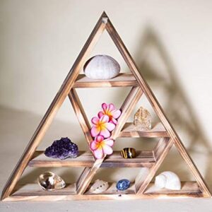 Triangle Crystals and Healing Stones Display Floating Shelf, Large 17" Rustic Wood Wall Shelf or Tabletop Home Decor for Bedroom, Bathroom, Living Room, Office, Meditation, Altar, Storage Shelf