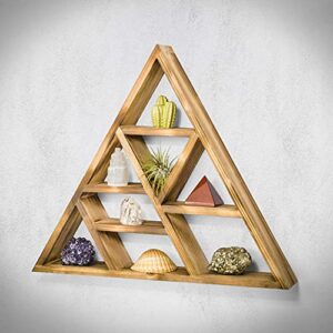 Triangle Crystals and Healing Stones Display Floating Shelf, Large 17" Rustic Wood Wall Shelf or Tabletop Home Decor for Bedroom, Bathroom, Living Room, Office, Meditation, Altar, Storage Shelf