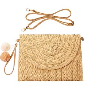 frienda straw shoulder bag clutch straw crossbody bag beach straw handmade bag woven rattan bag for women envelope wallet (light brown)