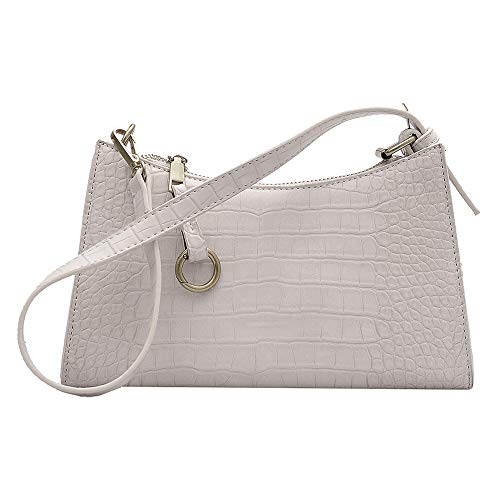 Retro Classic Shoulder Bag Tote HandBag Clutch Vintage Crocodile Pattern with 2 Straps Zipper Closure for Women (White)