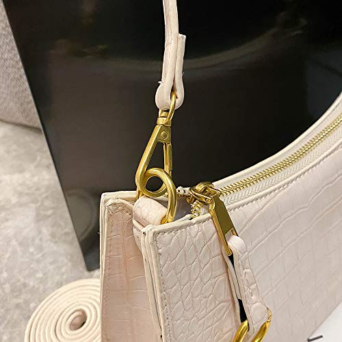 Retro Classic Shoulder Bag Tote HandBag Clutch Vintage Crocodile Pattern with 2 Straps Zipper Closure for Women (White)