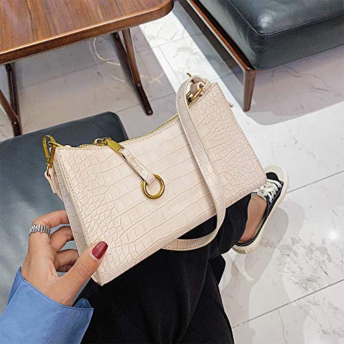 Retro Classic Shoulder Bag Tote HandBag Clutch Vintage Crocodile Pattern with 2 Straps Zipper Closure for Women (White)