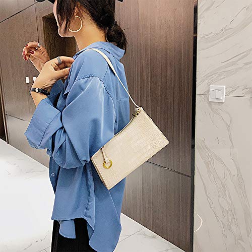 Retro Classic Shoulder Bag Tote HandBag Clutch Vintage Crocodile Pattern with 2 Straps Zipper Closure for Women (White)