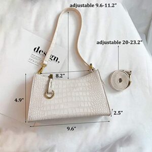 Retro Classic Shoulder Bag Tote HandBag Clutch Vintage Crocodile Pattern with 2 Straps Zipper Closure for Women (White)