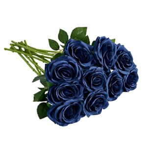 iuknot artificial rose 10pcs open flower bouquet navy blue faux rose stems for wedding arrangement, bridal bouquet, centerpiece, fake faux silk flowers
