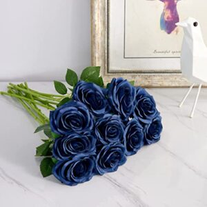 IUKnot Artificial Rose 10pcs Open Flower Bouquet Navy Blue Faux Rose Stems for Wedding Arrangement, Bridal Bouquet, Centerpiece, Fake Faux Silk Flowers