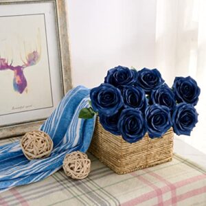 IUKnot Artificial Rose 10pcs Open Flower Bouquet Navy Blue Faux Rose Stems for Wedding Arrangement, Bridal Bouquet, Centerpiece, Fake Faux Silk Flowers