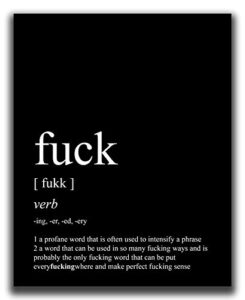 funny wall decor – 8×10″ unframed print – dictionary-style definition of ‘fuck’ black & white typography wall art – funny quotes & sayings