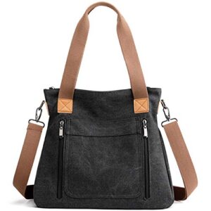 women’s canvas tote handbags vintage casual shoulder work bag crossbody purses (black) one size