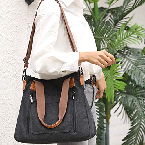 Women's Canvas Tote Handbags Vintage Casual Shoulder Work Bag Crossbody Purses (Black) One Size