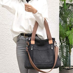 Women's Canvas Tote Handbags Vintage Casual Shoulder Work Bag Crossbody Purses (Black) One Size