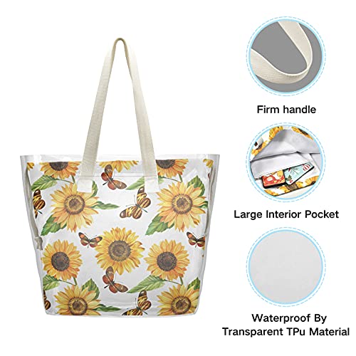 Sunflower Butterfly Clear Tote Bag, Women Shoulder Bag Double Transparent Bags Handbag for Work, School, Shopping, Travel, Beach （21160099）