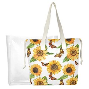 Sunflower Butterfly Clear Tote Bag, Women Shoulder Bag Double Transparent Bags Handbag for Work, School, Shopping, Travel, Beach （21160099）