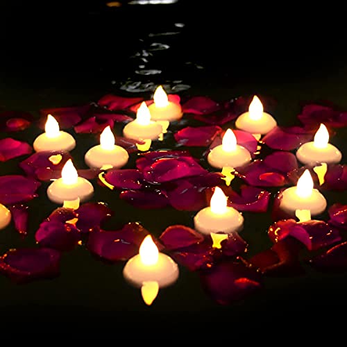 Homemory 24 Pack Waterproof Flameless Floating Tealights with Dried Rose Petals, Warm White Battery Flickering LED Tea Lights Candles - Wedding, Party, Centerpiece, Pool & SPA