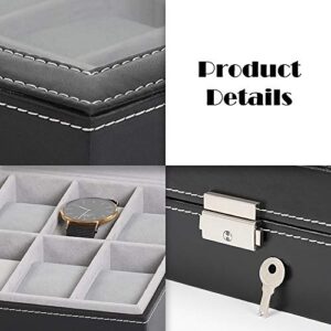 LIANTRAL Watch Box for Men, Valentine Gift for him 12 Slots Leather Watch Display Case Organizer Watch Holder, Glass Top (Black)