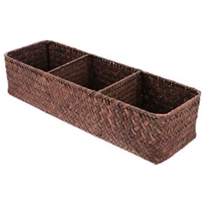 hemoton small wicker basket with lid wicker cube storage baskets sea grass woven storage basket bin sundries organizer 3 compartments wicker baskets (coffee) narrow basket