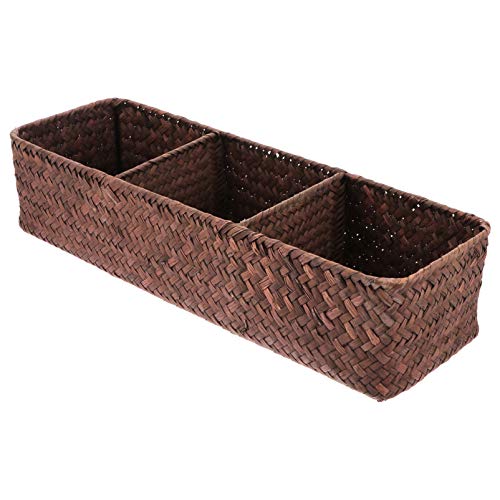 Hemoton Small Wicker Basket with Lid Wicker Cube Storage Baskets Sea Grass Woven Storage Basket Bin Sundries Organizer 3 Compartments Wicker Baskets (Coffee) Narrow Basket