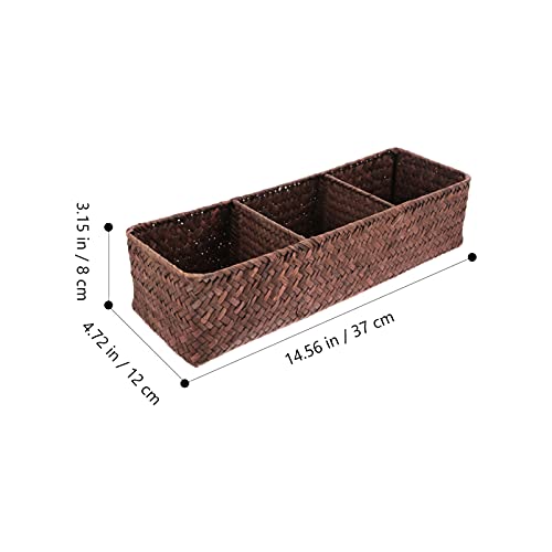 Hemoton Small Wicker Basket with Lid Wicker Cube Storage Baskets Sea Grass Woven Storage Basket Bin Sundries Organizer 3 Compartments Wicker Baskets (Coffee) Narrow Basket