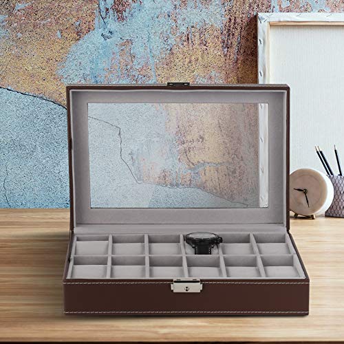LIANTRAL Watch Box, 12-Slot Leather Watch Case Organizer Watch Holder for Men, Glass Top (Brown)
